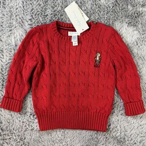 NEW Ralph Lauren Red Cable Knit Sweater Bear Logo Embroidery 18M 100% Cotton